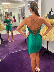 Green Bodycon Spaghetti Straps Beaded Tight Short Homecoming Dress