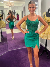Bodycon Spaghetti Straps Beaded Tight Short Homecoming Dress