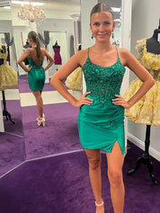 Green Bodycon Spaghetti Straps Beaded Tight Short Homecoming Dress