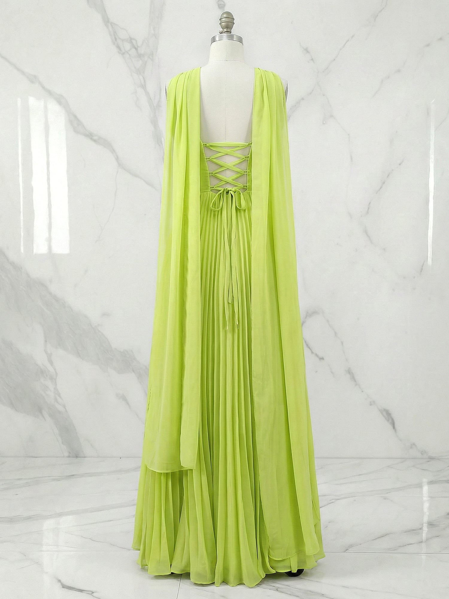 Green Chiffon A Line Off The Shoulder Sleeveless Floor Length Pleated Dresses