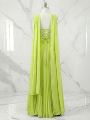Green Chiffon A Line Off The Shoulder Sleeveless Floor Length Pleated Dresses
