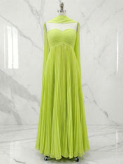 Green Chiffon A Line Off The Shoulder Sleeveless Floor Length Pleated Dresses