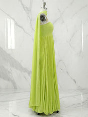 Green Chiffon A Line Off The Shoulder Sleeveless Floor Length Pleated Dresses