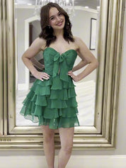 Green Chiffon A Line Tiered Short Homecoming Dress with Ruffles