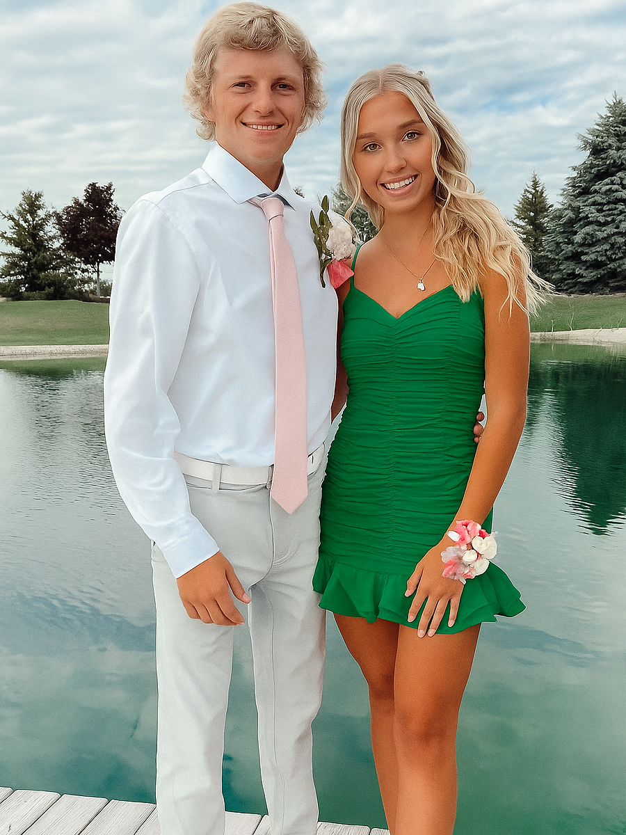 Green Cute Sheath Satin Short Homecoming Dress with Ruffles