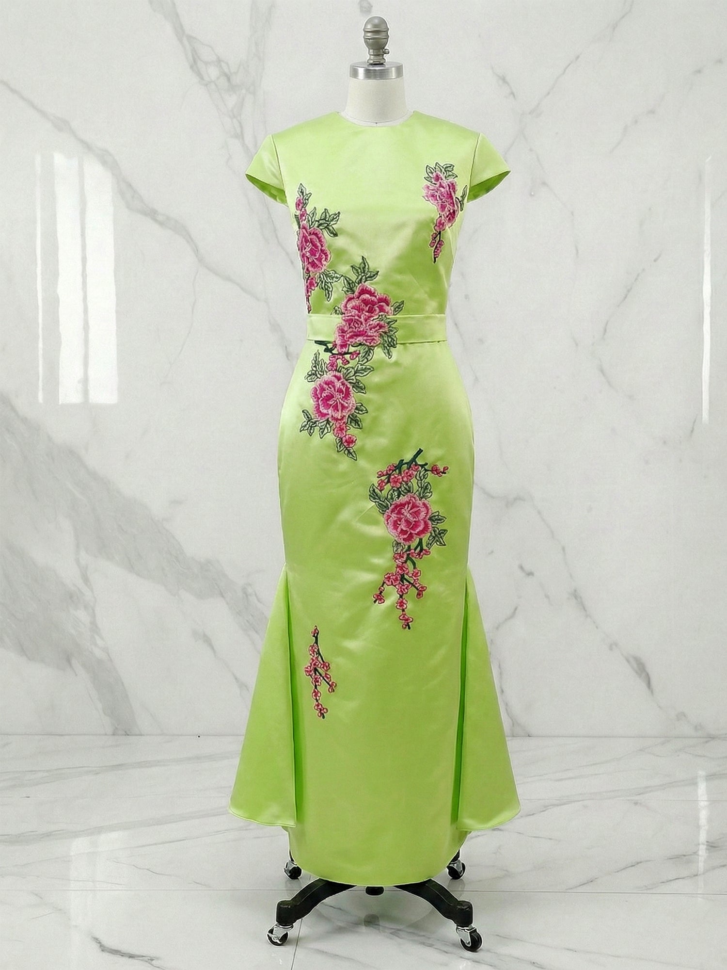 Green Floral Embroidered Cap Sleeve Sheath Maxi Dress with Slit