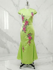 Green Floral Embroidered Cap Sleeve Sheath Maxi Dress with Slit