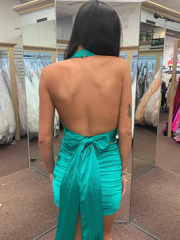 Green Halter V Neck Short Tight Homecoming Dress