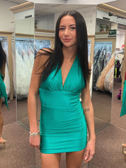 Green Halter V Neck Short Tight Homecoming Dress