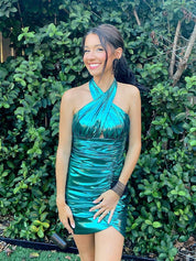 Green Mermaid Halter Metallic Tight Short Homecoming Dress