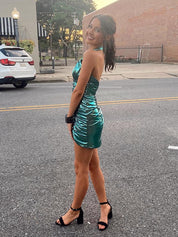 Green Mermaid Halter Metallic Tight Short Homecoming Dress