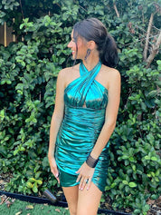 Green Mermaid Halter Metallic Tight Short Homecoming Dress
