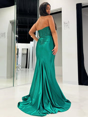 Blue Mermaid Spaghetti Straps Beaded Sweetheart Long Prom Dress with Slit