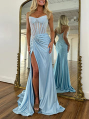 Green Mermaid Strapless Corset Beaded Prom Dress with Slit