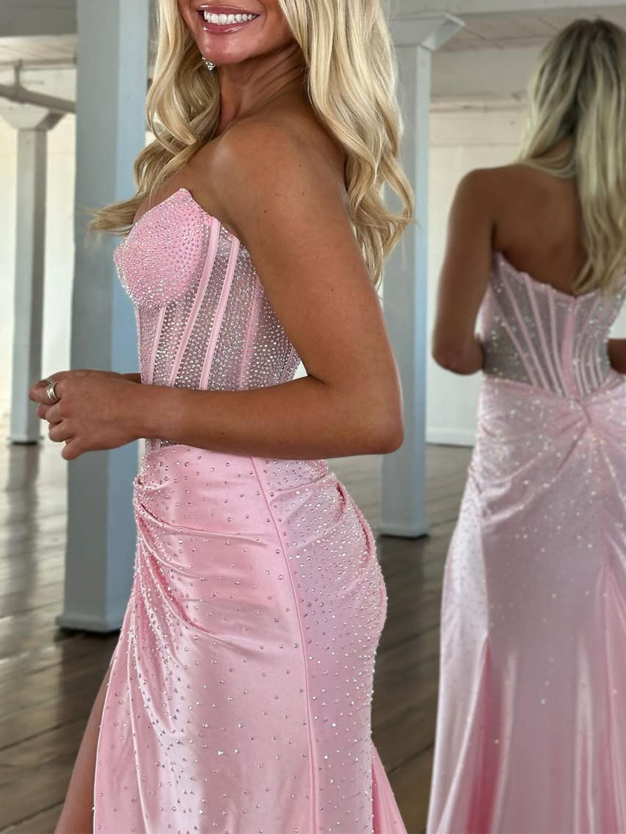 Green Mermaid Strapless Corset Beaded Prom Dress with Slit