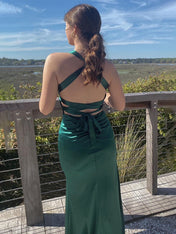 Ink Blue Mermaid V-Neck Criss-Cross Back Long Prom Dress