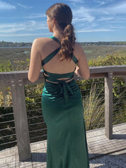 Ink Blue Mermaid V-Neck Criss-Cross Back Long Prom Dress