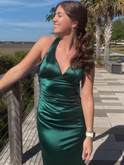 Ink Blue Mermaid V-Neck Criss-Cross Back Long Prom Dress