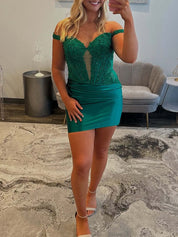 Green Off the Shoulder Appliques Ruched Tight Homecoming Dress