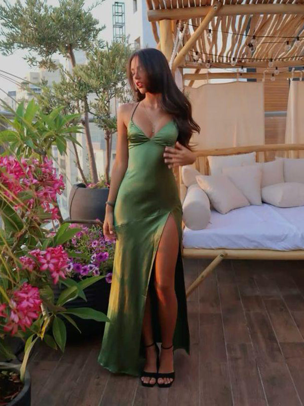 Dreamylily Women Green Sexy Spaghetti Straps Soft Satin Long Party Dress