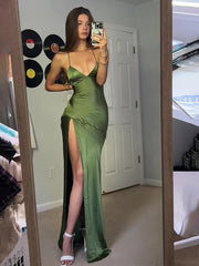 Green Sexy Spaghetti Straps Soft Satin Long Party Dress