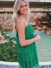 Green Spaghetti Strap Ruffle Tiered Pleated Homecoming Party Dress