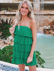 Green Spaghetti Strap Ruffle Tiered Pleated Homecoming Party Dress