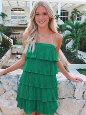 Green Spaghetti Strap Ruffle Tiered Pleated Homecoming Party Dress