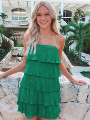 Green Spaghetti Strap Ruffle Tiered Pleated Homecoming Party Dress