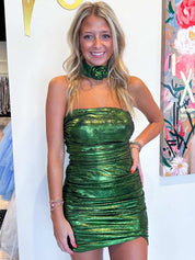 Green Strapless Metallic Bodycon Homecoming Dress with Flower