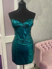 Green Strapless Metallic Ruched Tight Homecoming Dress