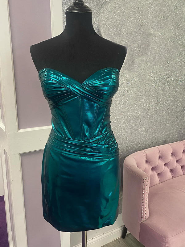 Green Strapless Metallic Ruched Tight Homecoming Dress