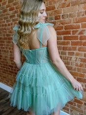 Green Sweetheart Bow Straps Tulle A-Line Tiered Short Homecoming Dress