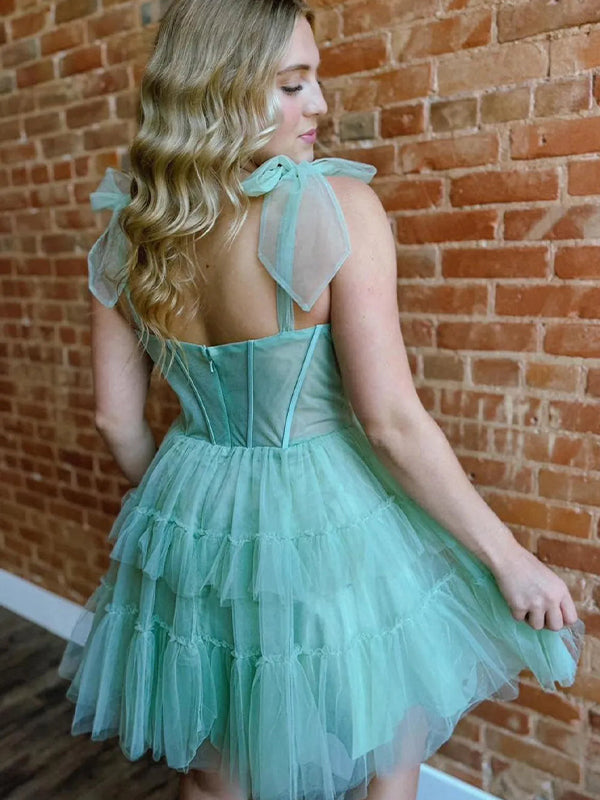 Green Sweetheart Bow Straps Tulle A-Line Tiered Short Homecoming Dress