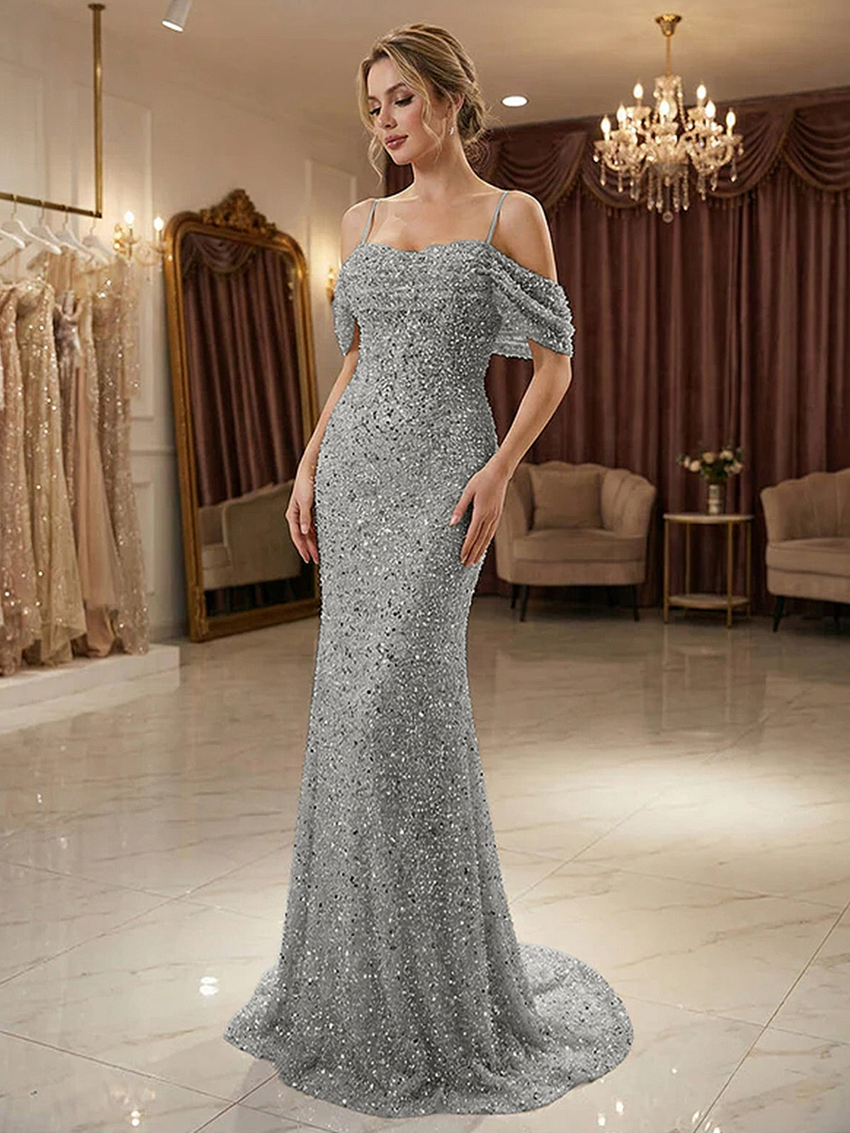 Sparkly Champagne Beaded Off-the-Shoulder Mermaid Long Prom Dress