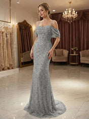 Sparkly Champagne Beaded Off-the-Shoulder Mermaid Long Prom Dress