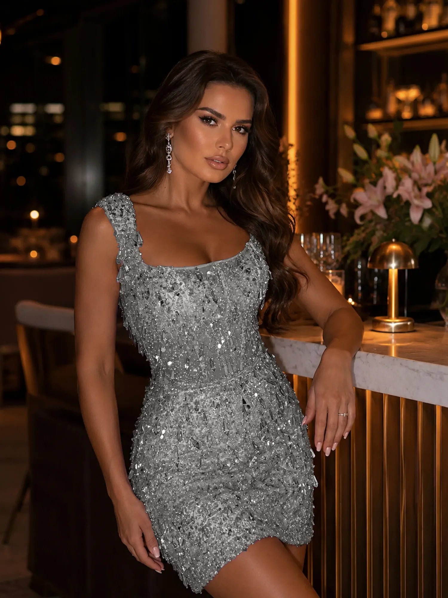 Square-Neck Hand-Beaded Short Homecoming Dress