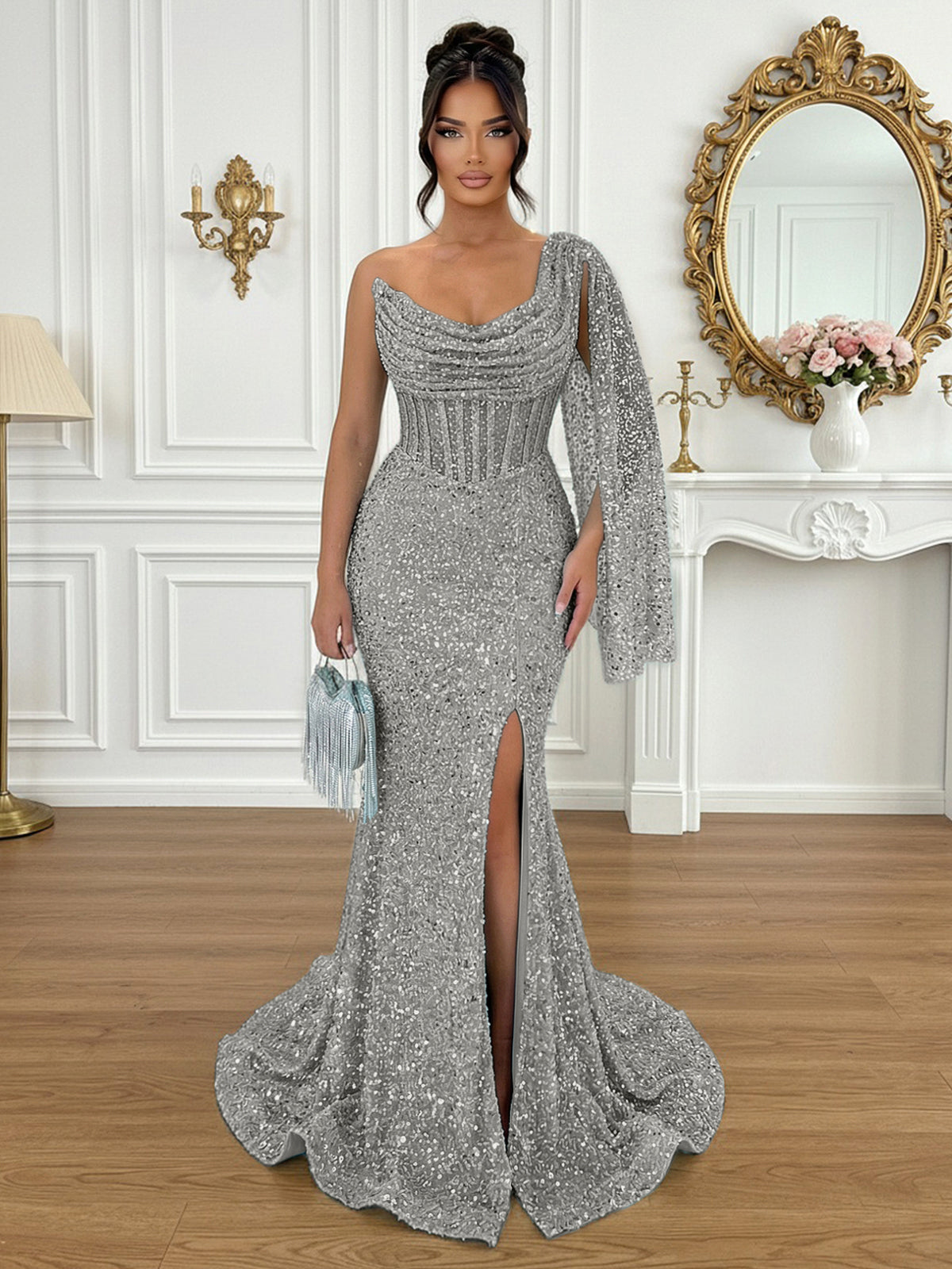 Glamorous Ice Blue One-Shoulder Sequin Corset Mermaid Prom Dresses with Slit
