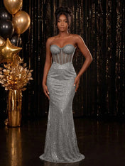 Strapless Sequin-Accented Mermaid Prom Dress with High Slit