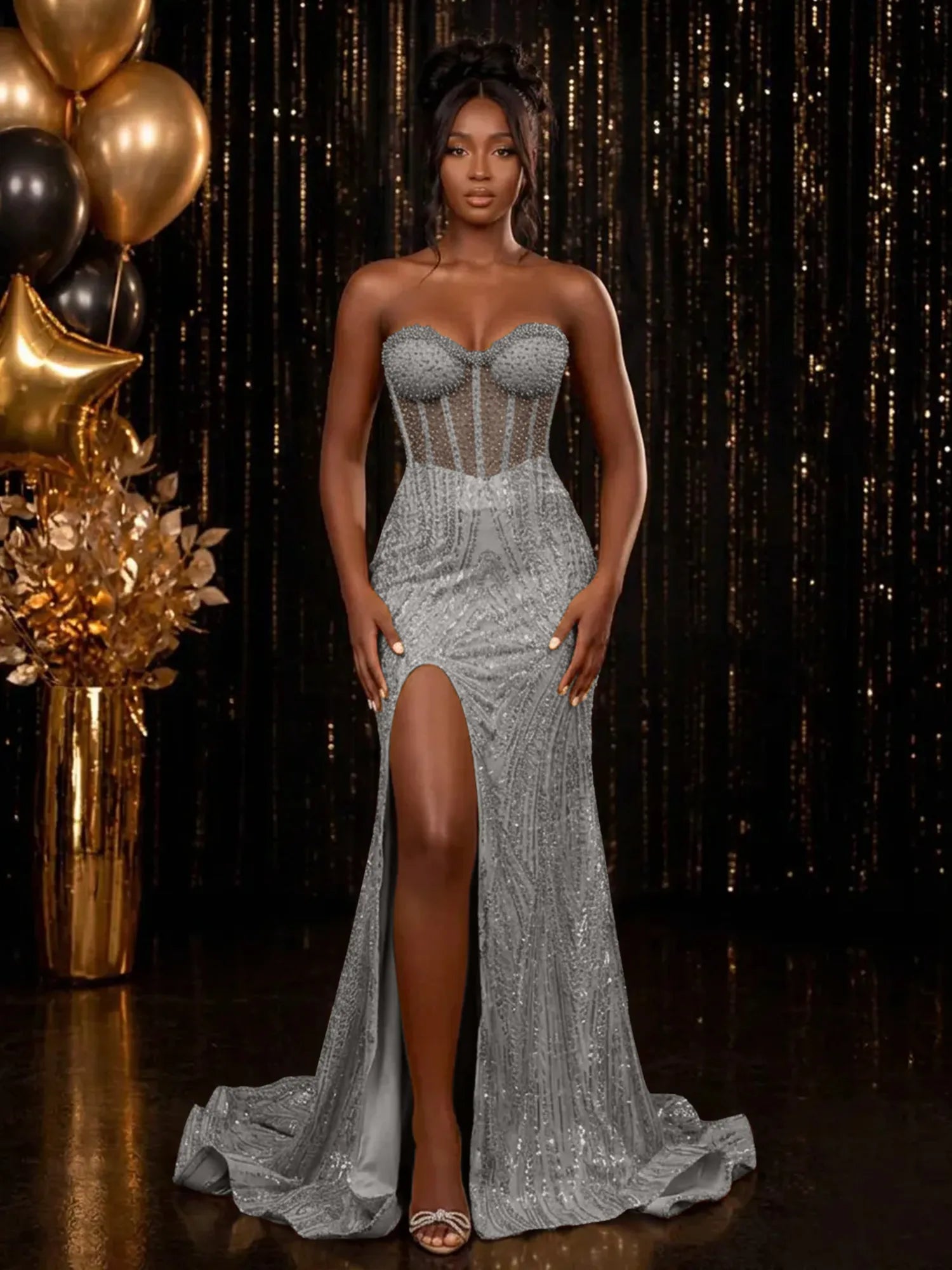 Strapless Sequin-Embellished Mermaid Prom Dress