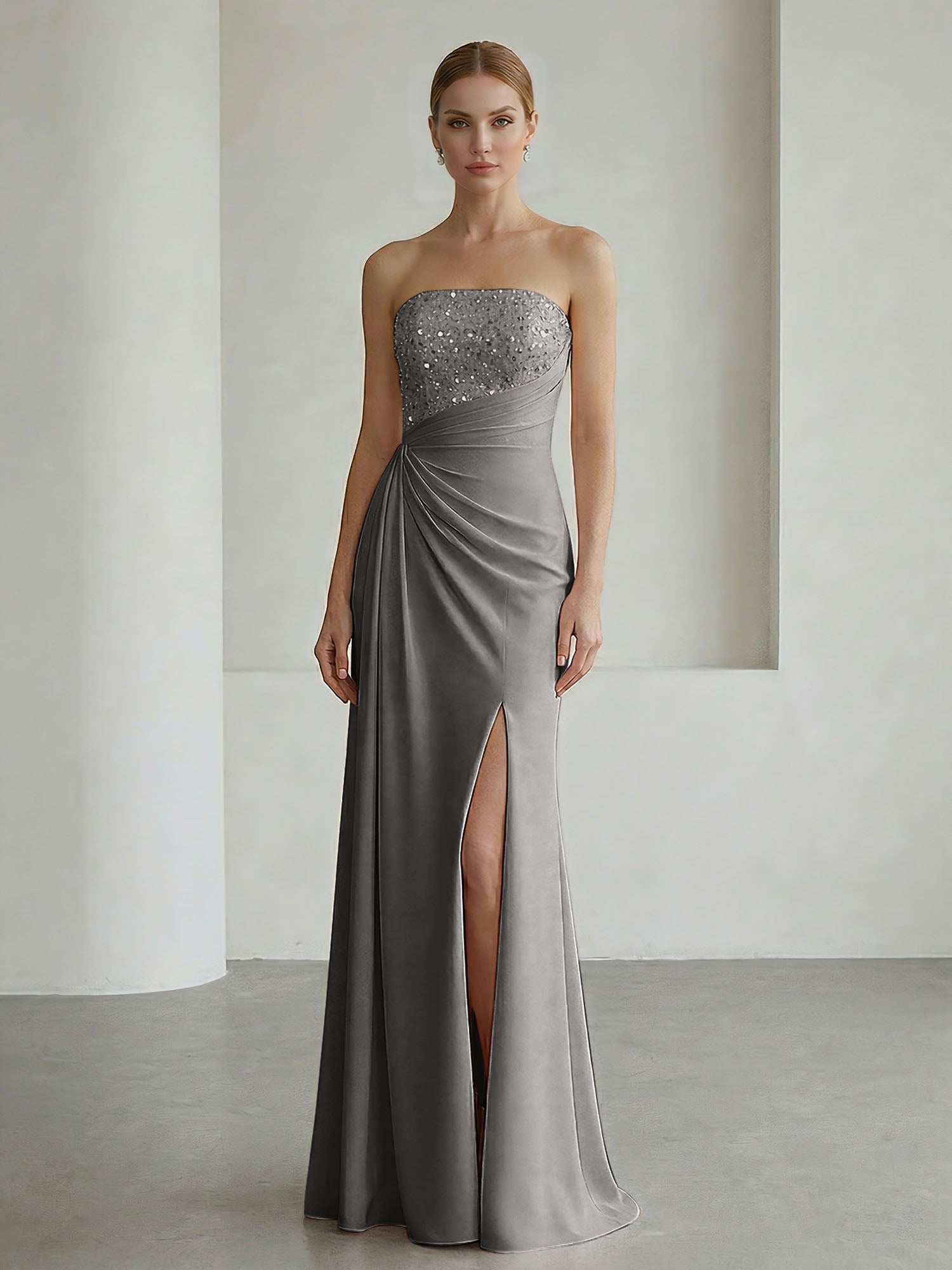 Glamorous Formal Evening Dress Soft Blush Beaded Strapless Slit Gown