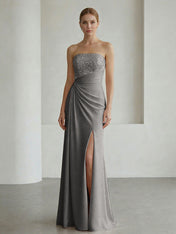 Glamorous Formal Evening Dress Soft Blush Beaded Strapless Slit Gown