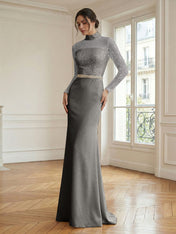 Formal Dress White Sheath Illusion Neck Beaded Chiffon Maxi Dress