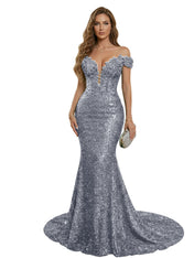 Sparkly Off The Shoulder Sequin Long Mermaid Corset Prom Dresses