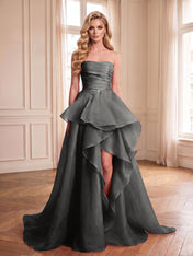 Formal Evening Tiered Dress Pink Strapless Maxi Gown