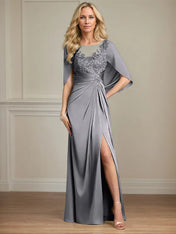 Sheath/Column Satin Scoop Neck Cap Sleeves Floor Length Mother Of The Bride Dresses