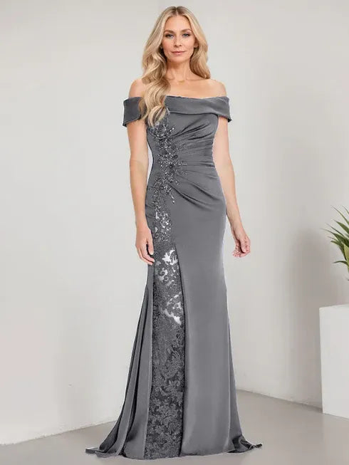 A-Line Off the Shoulder Floor-Length Mother of the Bride Dress Applique Beadings Mermaid Dress With  High Split