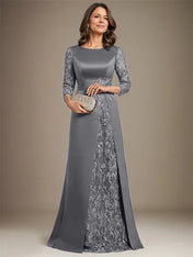 A-Line Scoop Floor-Length Lace Satin Mother Of the Bride Dress With Applique