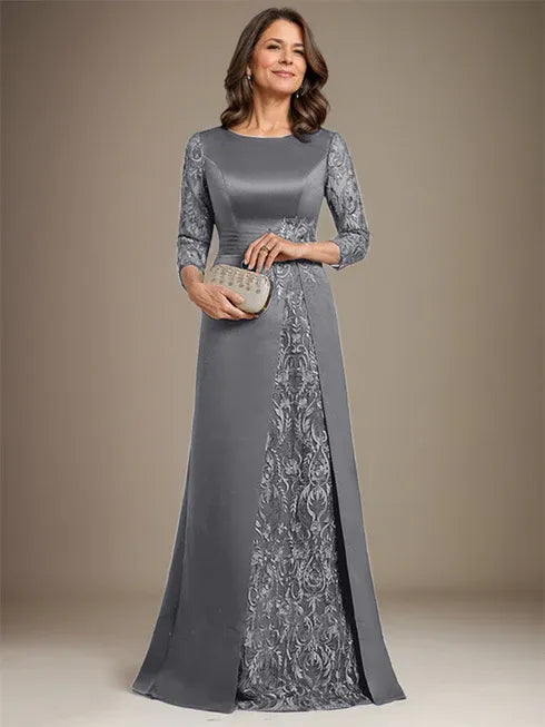 Robe de mère de la mariée en satin et dentelle, coupe trapèze, longueur au sol, avec appliques 
