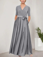 Surplice Neckline Ballgown with Full Satin Skirt & Jersey Bodice